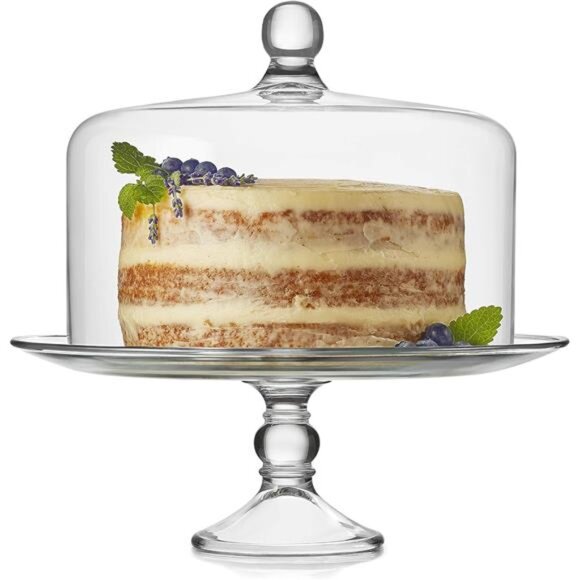 Glass Cake Stand with Dome Lid, Elegant Curved Footed Glass Cake Holder, Covered - Picture 1 of 8